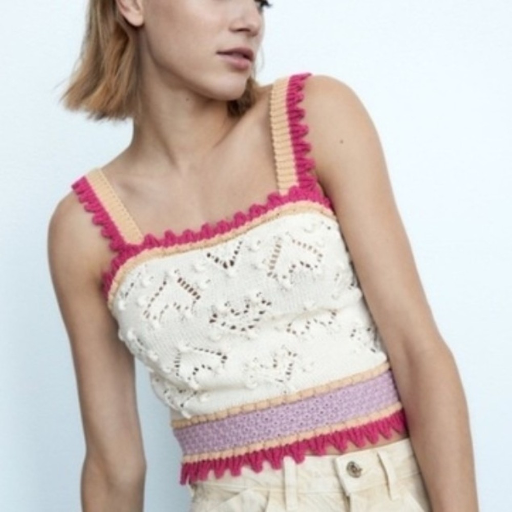 Zara Cream & Pink Heart Crochet Knit Back Button Cotton Tank Top Size S